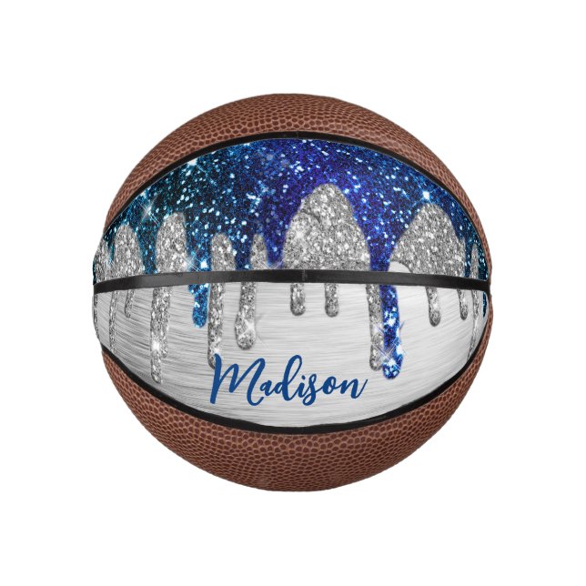 Cute modern Blue Glitter Drips monogram Mini Basketball (Front)