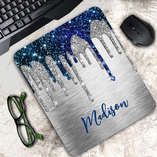Cute modern Blue Glitter Drips monogram Mouse Pad (Creator Uploaded)