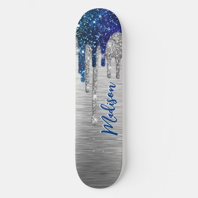 Cute modern Blue Glitter Drips monogram Skateboard (Front)