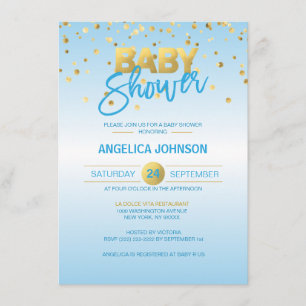 Cute Modern Blue Gold Confetti BOY Baby Shower Invitation