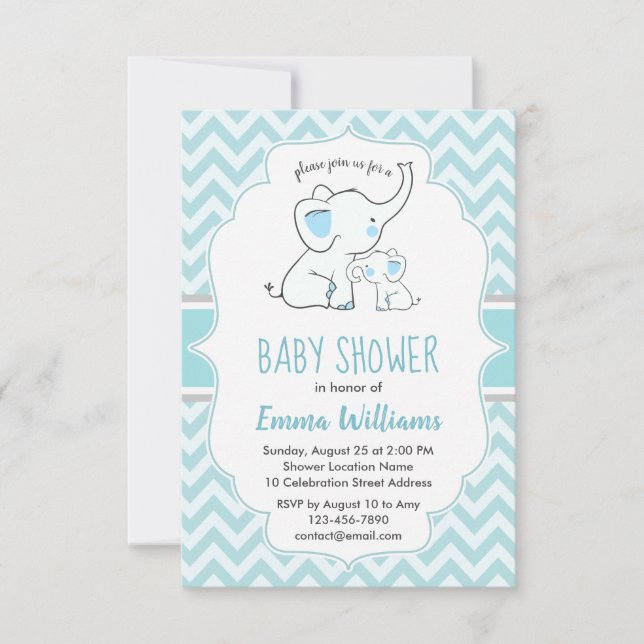 Cute Modern Blue White Elephant Boy Baby Shower Invitation (Front)