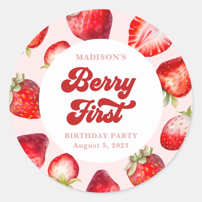 Cute Modern Boho Strawberry Berry 1st Birthday  Classic Round Sticker (Front)