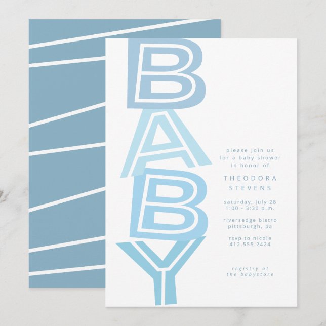 Cute modern bold light blue boy baby shower invitation (Front/Back)