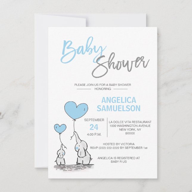 Cute Modern BOY Blue Mommy Elephant & Baby Shower Invitation (Front)