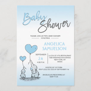 Cute Modern BOY Blue Mommy Elephant & Baby Shower Invitation