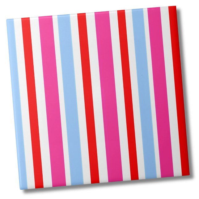 Cute Modern Bright Stripe Pattern Tile (Cute Minimal Modern Pattern Blue Pink Red Stripe Ceramic Tile)
