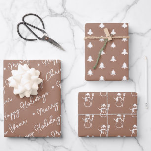 Cute Modern Brown Snowman Christmas Trees Wrapping Paper Sheet