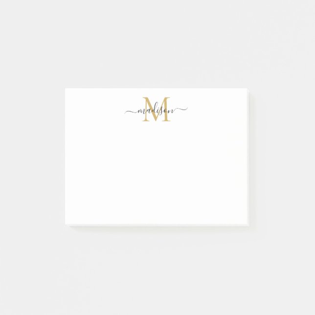 Cute Modern Chic Girly Script Monogram Black Gold Post-it Notes (Front)