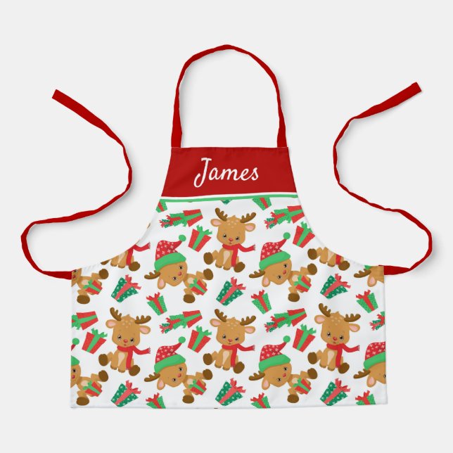 Cute Modern Christmas Reindeer Personalized Name Apron (Front)