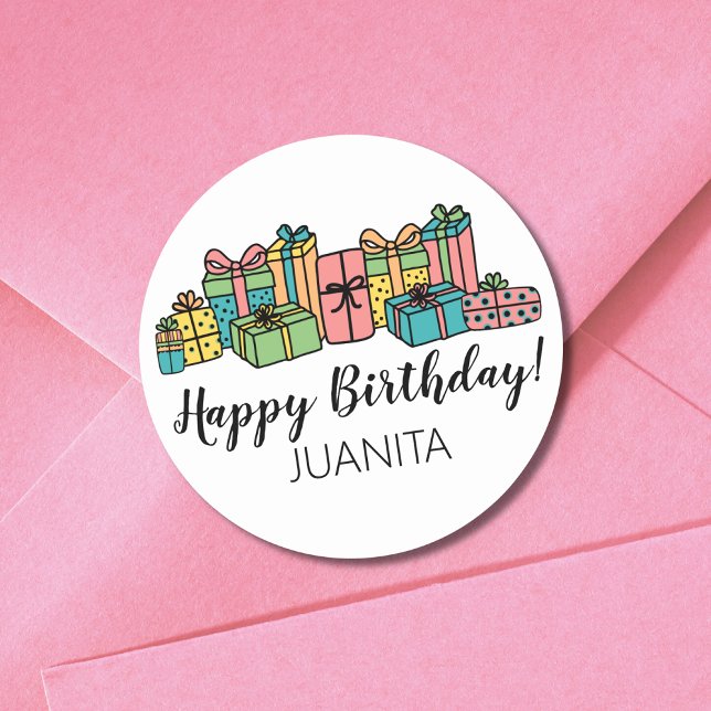 Cute Modern Colourful Happy Birthday Classic Round Sticker (Modern Classic Presents Colorful Happy Birthday Classic Round Sticker)
