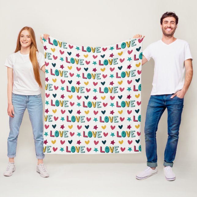 Cute Modern Colourful Love and Hearts Pattern Fleece Blanket (In Situ)