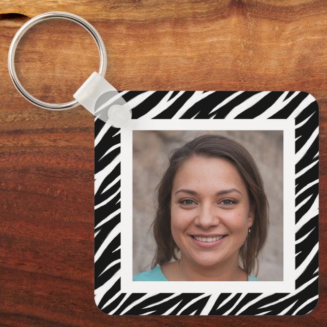 Cute Modern Custom Name Photo Black White Zebra Keychain (Front)