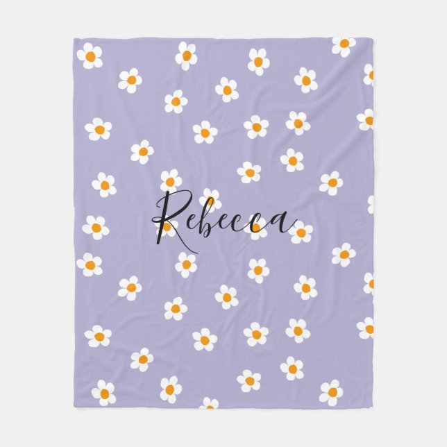 Cute Modern Daisy Pattern Purple Personalized Fleece Blanket (Front)