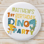 Cute Modern Dino Dinosaur Kid's Birthday Party 1 Inch Round Button<br><div class="desc">Composed of fun sans serif handwritten typography; Cute T-REX dinosaurs in the backgroud

This is designed by Select Party Supplies,  exclusive for Zazzle.

Available here:
http://www.zazzle.com/store/selectpartysupplies</div>