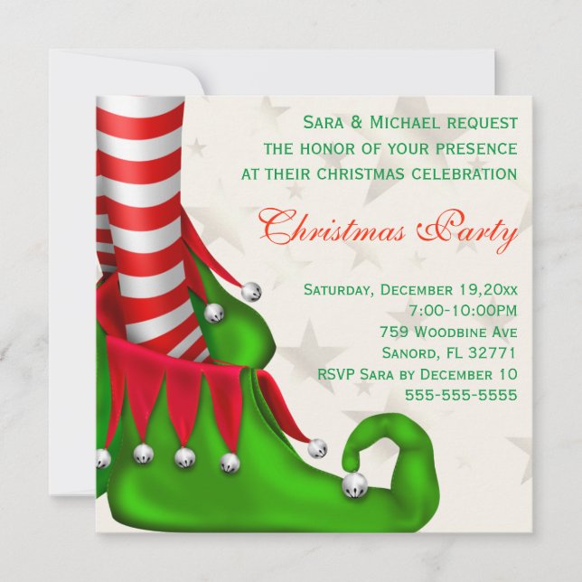 Cute Modern Elf Shoe Christmas Party Invitation (Front)