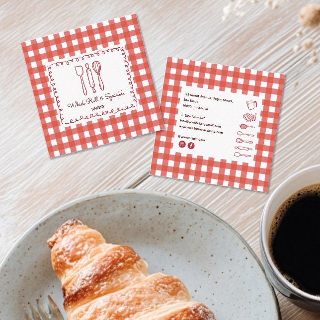 Cute Modern Farmhouse Gingham Bakery Square Business Card (Creator Uploaded)