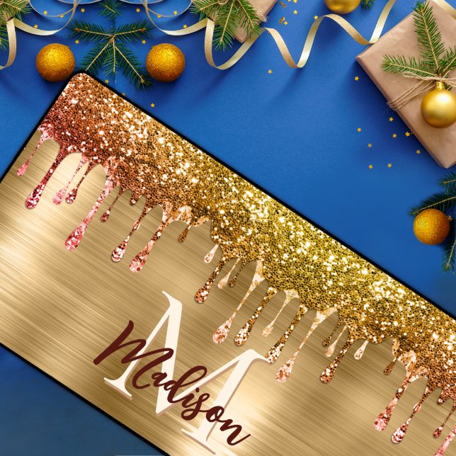 Cute modern Faux gold Glitter Drips monogram Desk Mat (Creator Uploaded)