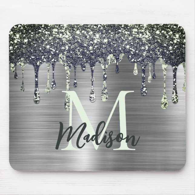 Cute modern Faux silver Glitter Drips monogram Mouse Pad (Front)