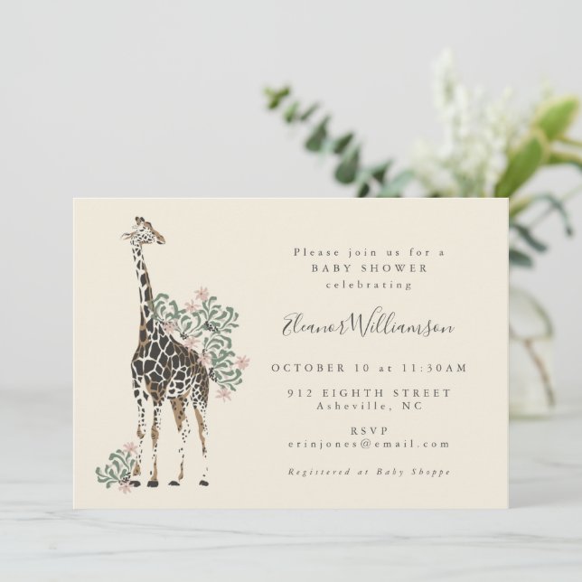Cute Modern Floral Giraffe Simple Baby Shower  Invitation (Standing Front)
