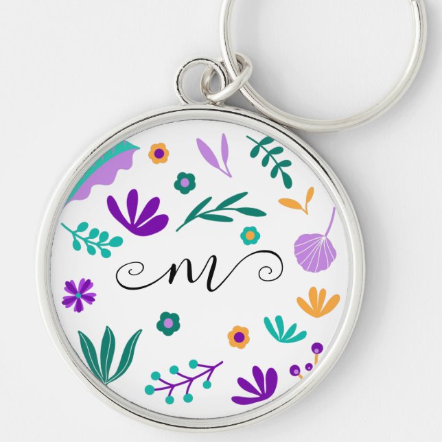 Cute Modern Flowers and Leaves Keychain (Front)