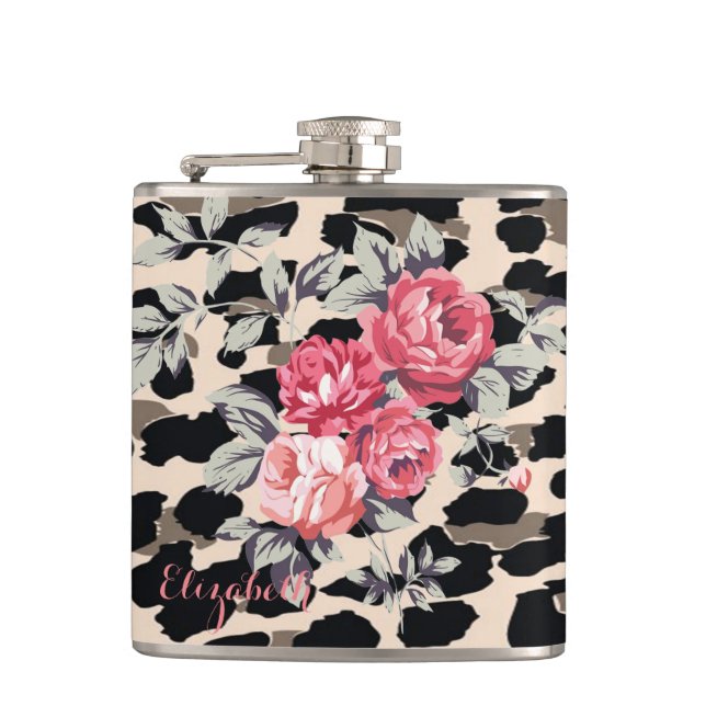 Cute  Modern Flowers On Leopard Print-Personalized Hip Flask (Front)