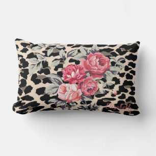 Cute Modern Flowers On Leopard Print-Personalized Lumbar Pillow