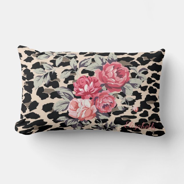 Cute  Modern Flowers On Leopard Print-Personalized Lumbar Pillow (Front)