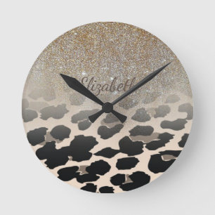 Cute  Modern Flowers On Leopard Print-Personalized Round Clock