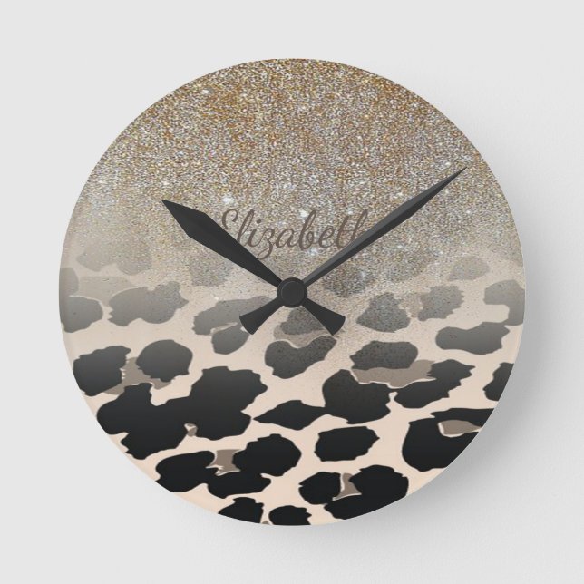 Cute  Modern Flowers On Leopard Print-Personalized Round Clock (Front)