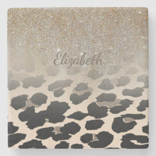 Cute Modern Flowers On Leopard Print-Personalized Stone Coaster