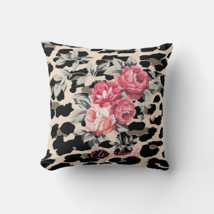 Cute Modern Flowers On Leopard Print-Personalized Throw Pillow