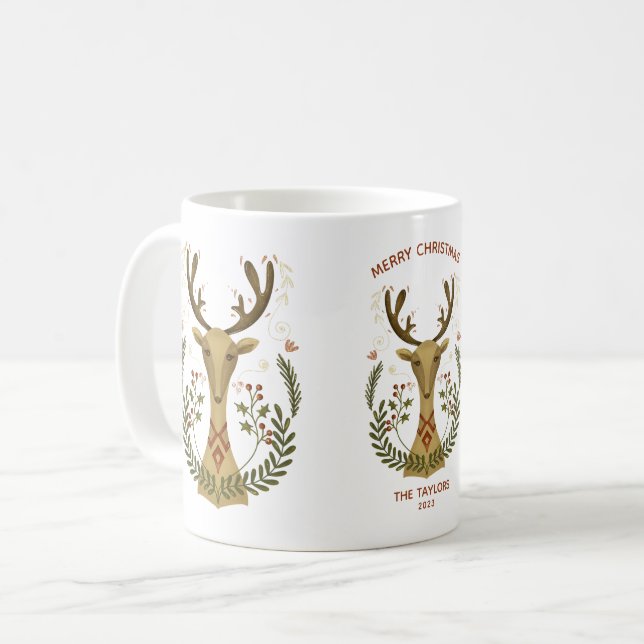 Cute Modern Folk Art Christmas Reindeer Coffee Mug (Front Left)