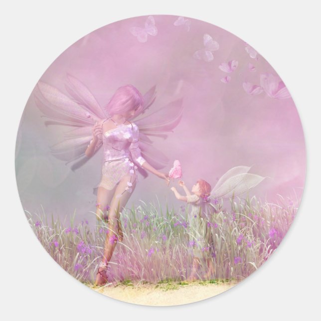 Cute Modern Girly Pink Butterfly Fairies Classic Round Sticker (Front)