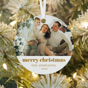 Cute Modern Gold Minimalist Merry Christmas Photo Metal Ornament