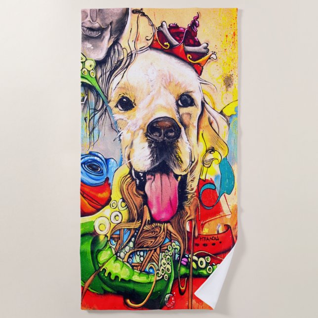 Cute Modern Golden Retriever Street Art Beach Towel (Front)