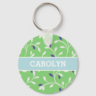 Cute modern green curly leaves pattern monogram keychain