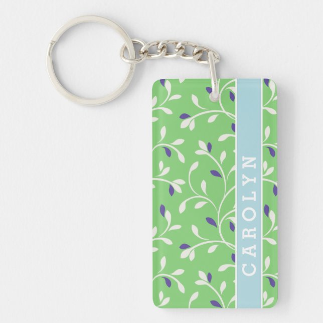 Cute modern green curly leaves pattern monogram keychain (Front)