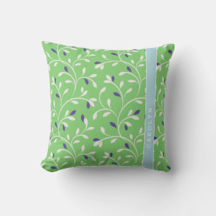 Cute modern green curly leaves pattern monogram throw pillow