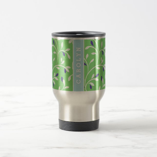 Cute modern green curly leaves pattern monogram travel mug (Center)