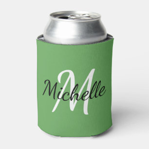 Cute Modern Green Monogram Name + Initial Template Can Cooler
