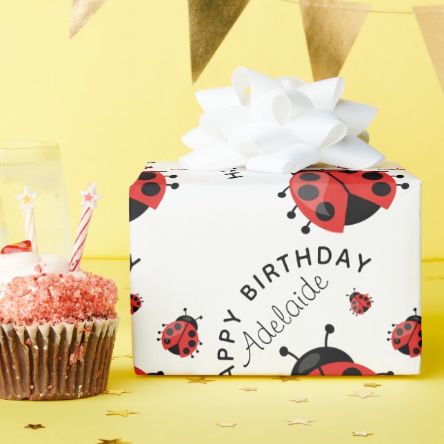 Cute Modern Happy Birthday Red Ladybug Girly Wrapping Paper (Birthday Party)