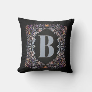 Cute Modern Hearts and Floral Framed Letter B Throw Pillow