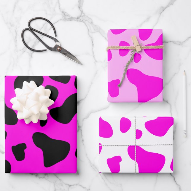 Cute Modern Hot Pink Cow Print Colourful Set of Wrapping Paper Sheet (Front)