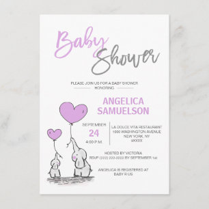 Cute Modern LAVENDER Mommy Elephant & Baby Shower Invitation