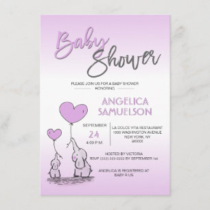 Cute Modern LAVENDER Mommy Elephant & Baby Shower Invitation