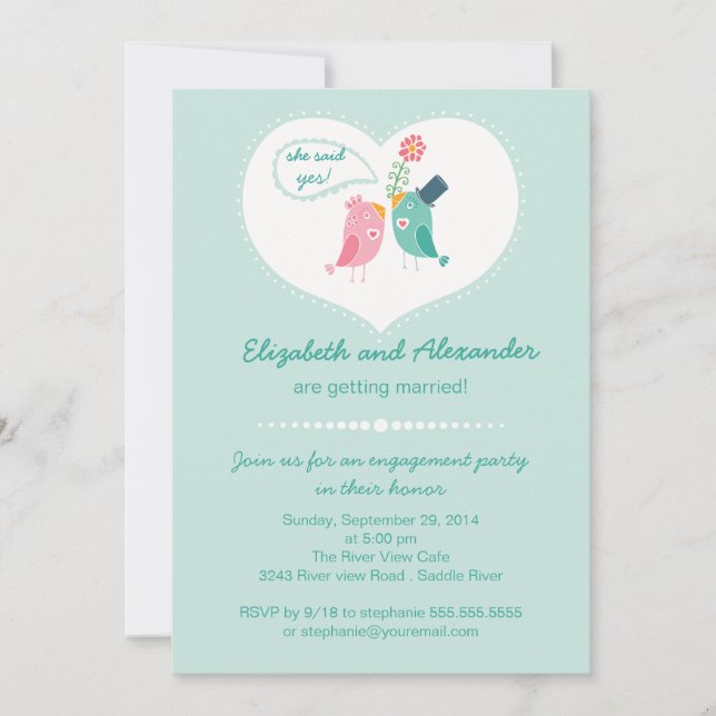 Cute Modern Love Birds Heart Engagement Party Invitation (Front)