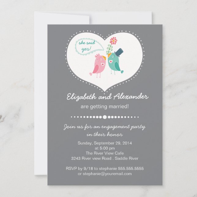 Cute Modern Love Birds Heart Engagement Party Invitation (Front)