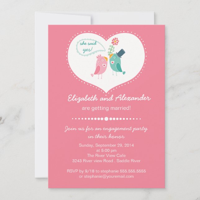 Cute Modern Love Birds Heart Engagement Party Invitation (Front)