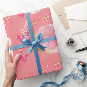 Cute Modern Love You Floral Hearts Salmon Pink Wrapping Paper