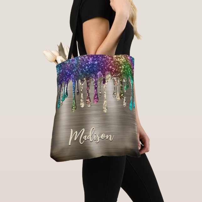 Cute modern Metalic Glitter Drips monogram Tote Bag (Close Up)
